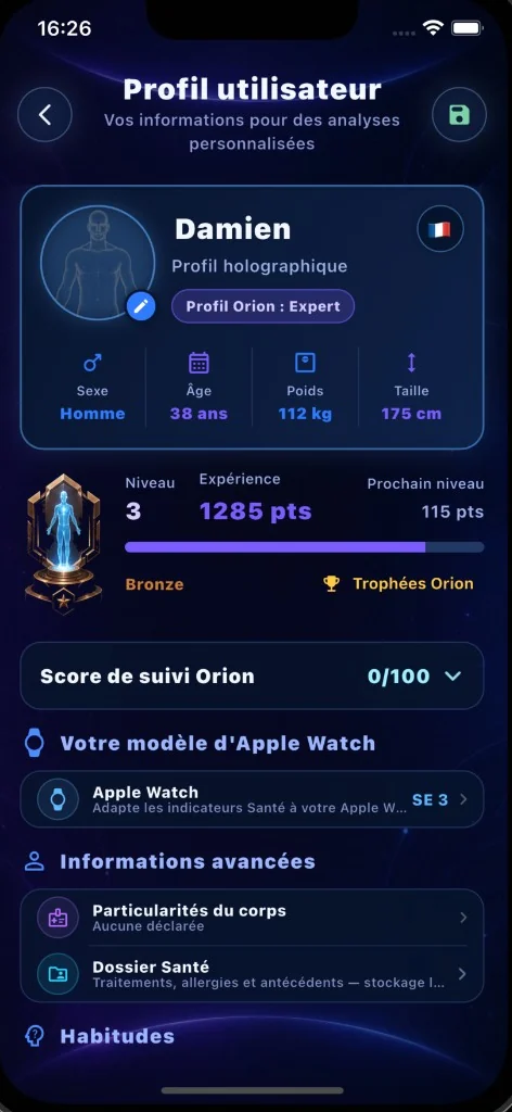 Écran Orion : profil utilisateur