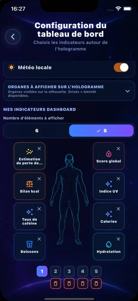 Écran Orion : configuration des indicateurs