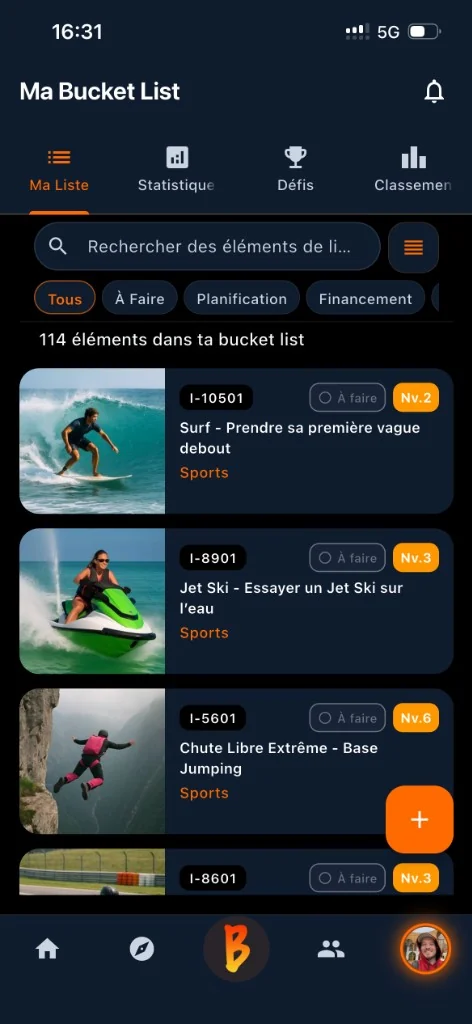 Écran TSBL : bucket list personnelle